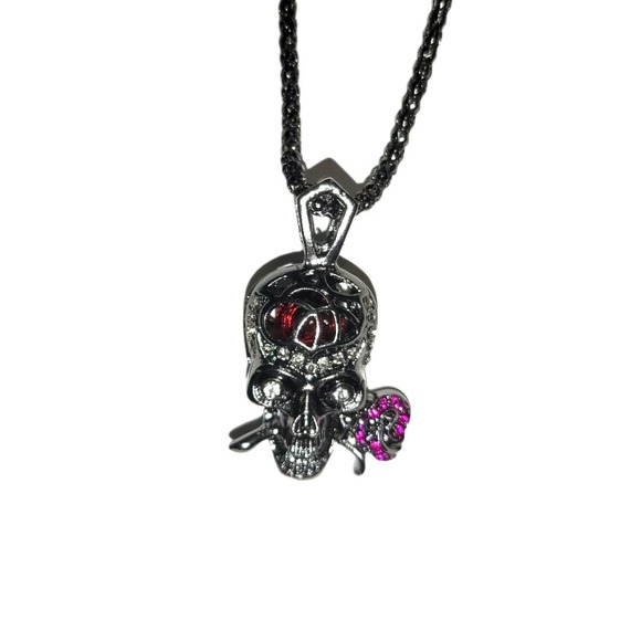 Gunmetal Gray Skull with Red Round Crystal Rose in Teeth Pendant 20" - Picture 4 of 4
